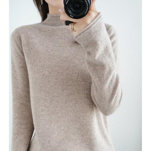 100% Pure Wool Cashmere Sweater Womens Half High Neck Pullover Casual Knitted Tops Autumn / Winter Female Jacket Warm Korean