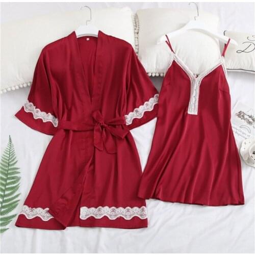 Daeyard Women Robe Gown Set Sexy Lace Patchwork Robe And Nightdress 2Pcs Pajamas Silk Bathrobe Sleepwear Home Clothes Nightwear