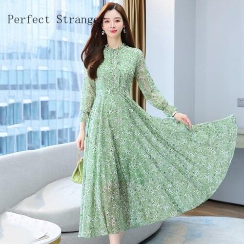 2021 Autumn New Arrival Elegant High Quality Stand Collar Flower Print Long Sleeve Chiffon Women Long Dress