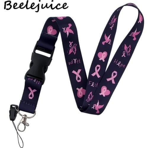 24pcs Prevention of breast cancer red ribbon Art Key Chain webbings ribbons Neck Strap for Phone Keys ID Card Cartoon Lanyards