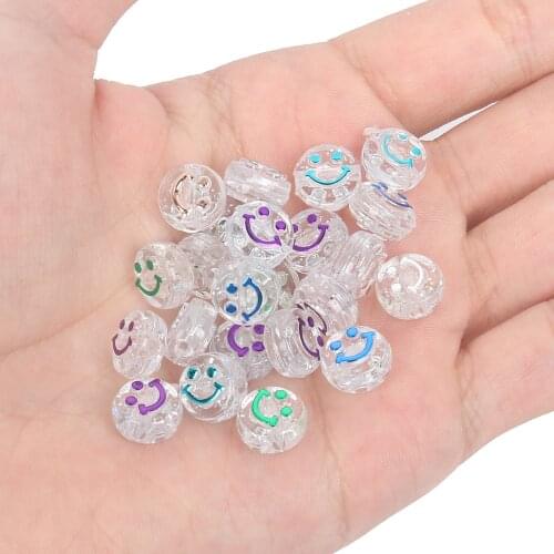 50Pcs/Lot Mixed Color Acrylic Beads Transparent Smile Round Loose Space Beads for Jewelry Making Needlework Bracelets Necklace