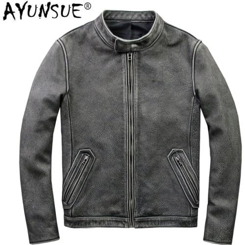 AYUNSUE Genuine Cow Leather Jacket Men Short Spring Retro Cowhide Coat Motorcycle Mens Leather Jackets Real Leather 805 KJ1439