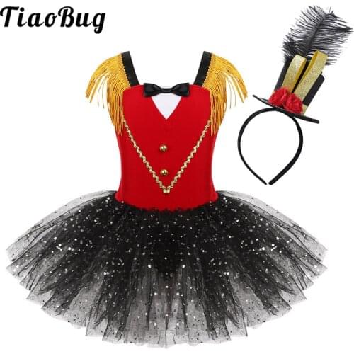 Girls Circus Ringmaster Costumes Dress Dancewear Halloween Carnival Party Mini Top Hat with Ballet Leotard Tutu Skirt 3-10 Years
