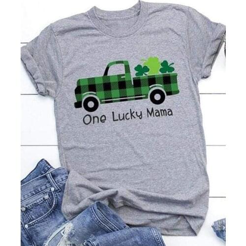 One Lucky Mama Colored Printed T-shirt Cute Womens Plaid Splicing Truck Tshirt Funny New Mom Life Gift Tee Shirt Top Outfits
