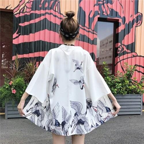 Japanese Yukata Kimono Summer 2019 Top Japan Red-Crowned Crane Haori Kimono Japones Harajuku Kimono Cardigan Female FF2197