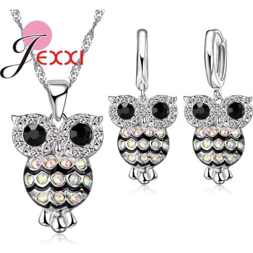 African AAA Crystal Owl Shape Pendant Necklace Earrings Sets Best Wishes Gift Party Anniversary 925 Sterling Silver Jewelry