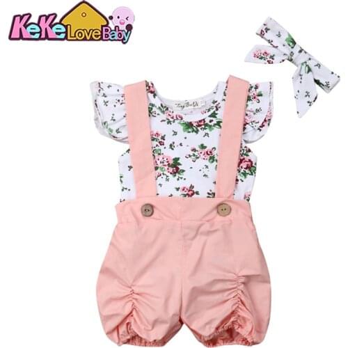 Newborn Baby Girl Summer Clothes Sets Ruffle Romper Bib Pants Headbands Flower 3Pcs Outfits Infant Toddler Girls Clothing Set