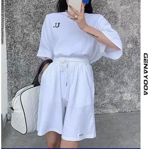 Genayooa Casual Letter Two Piece Short Set For Women Summer Loose Cotton Short Sleeve Women Tracksuit 2 Piece Set Korean Fashion