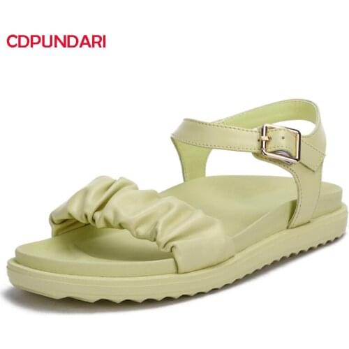 Fashion Pleated Genuine Leather Flat Platform Sandals Women Summer Casual Party Shoes Sandales Femmes 2021 Sandalias Mujer