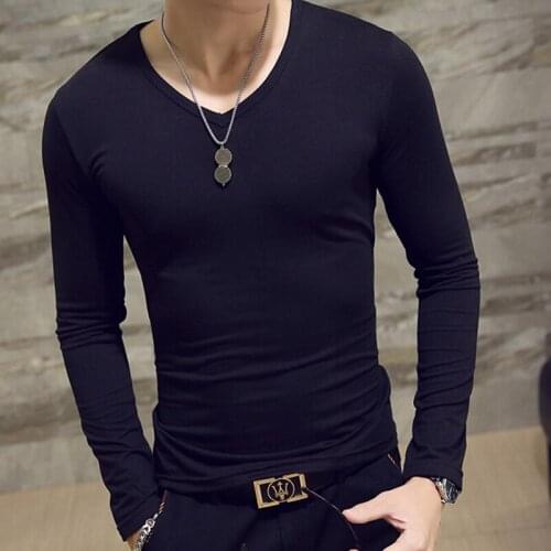 Spring and Autumn Mens Long Sleeve Casual Bottoming Shirt T-shirt Solid Color Slim Crew Neck Comfortable Pullover Top
