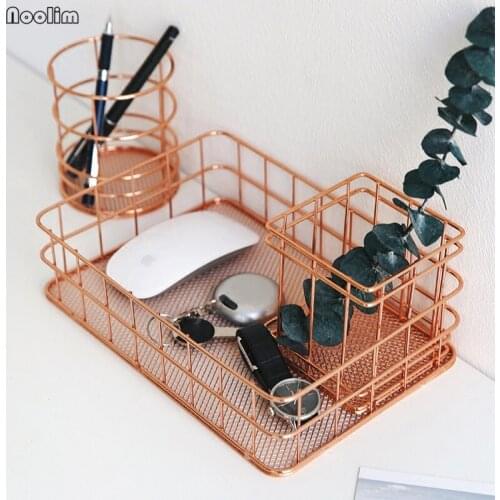 NOOLIM Nordic 4 Sizes Rose Gold Iron Pen Pencil Storage Basket Kitchen Bathroom Cosmetic Storage Holder Desktop Organizer