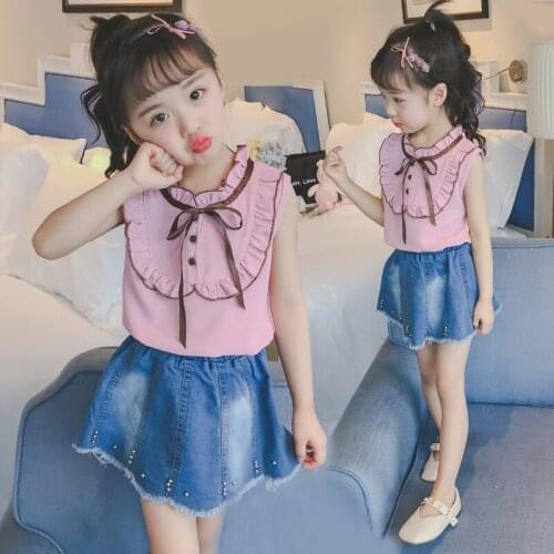 2018 sweet new children girl summer clothing set lace bow shirt+denim skirt,girls kids fashion princess suits