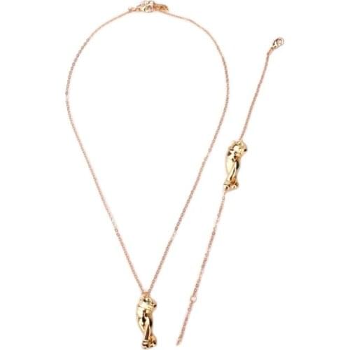 No Zircon Stone Green Eyes Sitting Leopard Collar Necklace Same Chain Bracelet Panther Animel Jewelry for Women Men