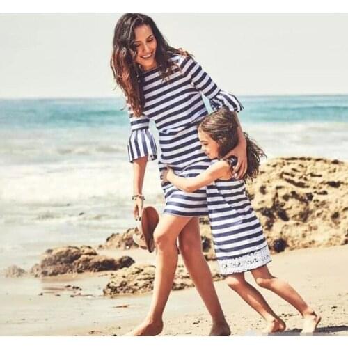 Mother Daughter Dress Couple Family Look Women Girl Clothing Fashion Mom Stripe Family Matching Outfits Girls Clothes Dress