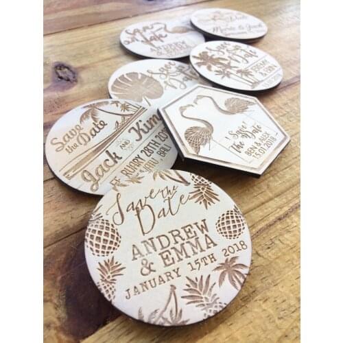 Save the date magnets,Wooden magnets,wedding favors magnets,wedding invitations, wood gifts,Rustic Wood etched -Tropical Design