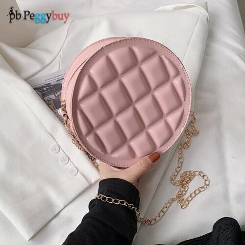 Women Pure Color Chain Round Bag Leisure Grid Pattern Crossbody Messenger Shoulder Bag Circular PU Leather Small Handbag