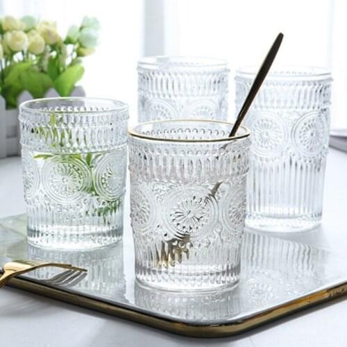 260-380ml Vintage Embossed Wine Glass Ins Nordic Whiskey Vodka Cup Sun Flower Stemless Golden Mouth Ice Coffee Bar Drinking Set