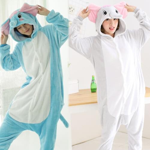 Womens Flannel Pajamas Cute Animal Blue Elephant Cartoon Sleepwear Jump Suits for Women