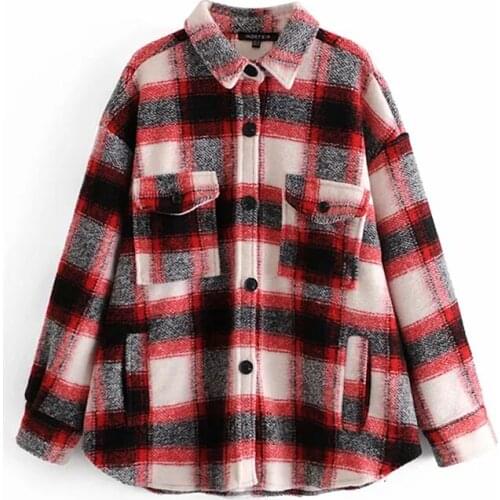 Womens Fashion British Style Retro Woolen Plaid Shirt Jacket Lapel Long Sleeve Loose Cardigan Jacket Spring And Autumn