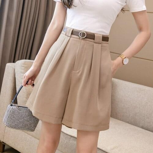 Gkfnmt Fashion High Waist Women Shorts Summer Casual Half- length Women Loose Shorts Pockets 2021 White Black Khaki