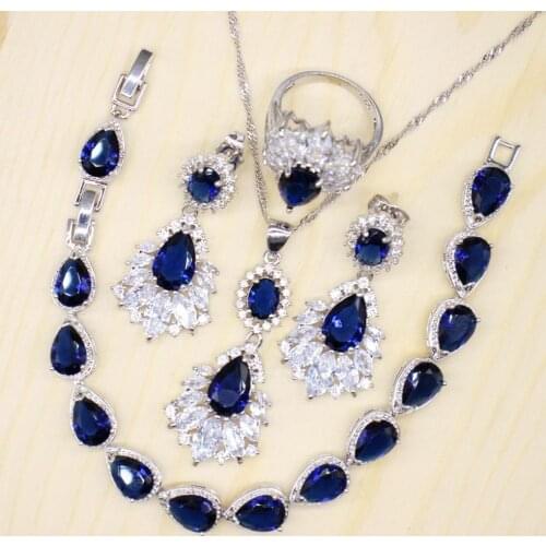 Women Water Drop Shape jewelry Sets 925 Silver Necklace Pendant Bridal Rings Earrings Chain Bracelet Sets for Christmas Gifts