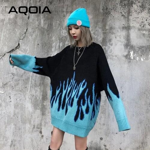 2021 Winter Street Style Y2K Flame Knitted Womens Sweaters Warm Loose Plus Size Women Long Pullover Oversize Female Clothing