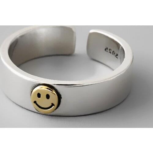 Smile Face Mood Golden Resizable 925 Sterling Silver Engagement Ring For Women Cute Korean Smiley Simple Jewelry Wholesale Gifts