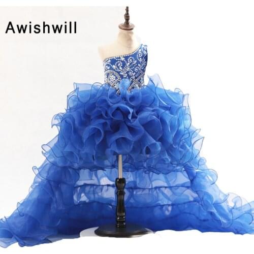 Royal Blue One Shoulder Girl Evening Dress Beaded Organza High Low Flower Girl Dress For Wedding Party Dress Kids