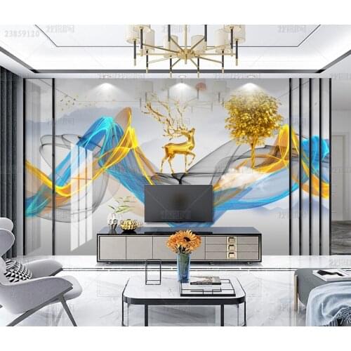3D modern simple new Chinese Golden elk living room sofa TV Abstract ribbon landscape painting wallpaper background wall mural