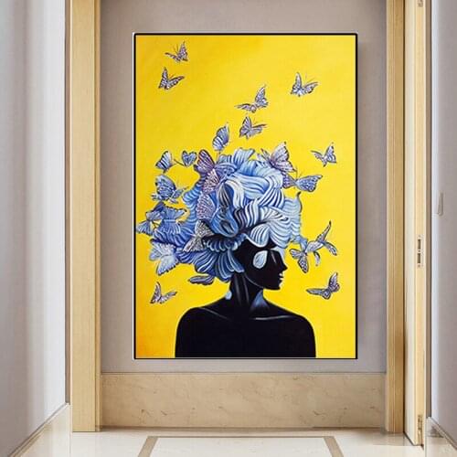 Nordic Abstract Girl with Butterfly Canvas Painting Yellow Blue Posters and Print Wall Art Picture Cuadros Home Decoration