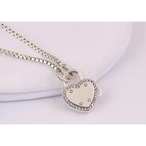 Authentic S925 Sterling Silver Love Heart Lock Your Promise With Crystal Necklace For Women Wedding Gift fit Lady Jewelry