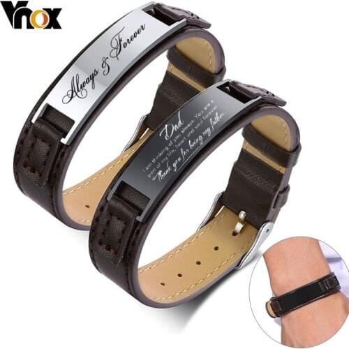 Vnox Free Personalize Bracelets for Men 16mm Adjustable Leather Band with Glossy Stainless Steel ID Bar Unique Customize Gift
