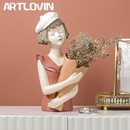 Decorative Vase Modern Girl Sculpture Resin Bust Desktop Ornaments Gold Storage Tray Garden Living Room Decor Makeup Bush Holder