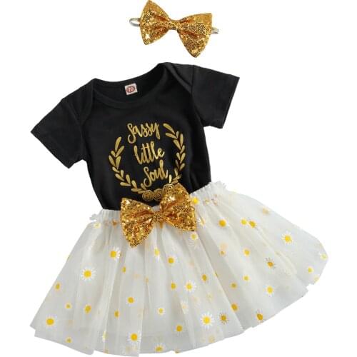 Newborn Baby Girls Clothes Sets 3pcs Letter Print Short Sleeve Romper Sequined Bow Lace Tutu Skirts
