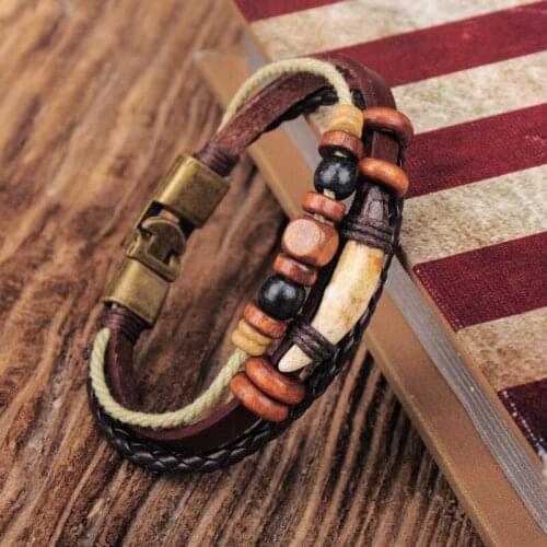 G308 Bronze Cool Beads Alloy Hemp Stitched Leather Wrap Bracelet Cuff Mens New