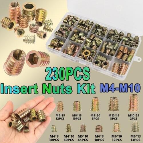 230PCS Assorted Flanged Hex Drive Head Furniture Nuts M4 M6 M8 M10 Zinc alloyl Thread For Wood Insert Nut