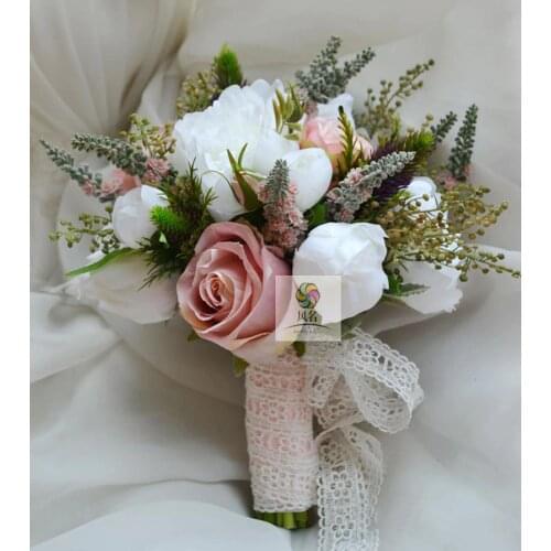 Simulation Flowers Floral Wedding Bride Holding Flowers Artificial Bridal Bridesmaid Bouquet White Pink Roses Peony Home Decor