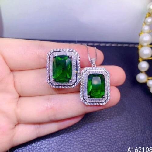 Fine Jewelry 925 Sterling Silver Inset With Gem Womens Luxury Popular Rectangle Green Crystal Pendant Adjustable Ring Set Suppo