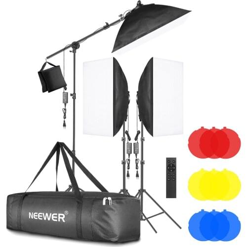 Neewer 3-Pack LED Softbox Lighting Kit with Color Filter: Softbox, 48W LED Light Head with 2.4G Remote, Light Stand, Boom Arm