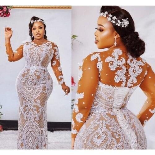 Fashion Plus Size Mermaid Lace Wedding Dresses Sheer Bateau Neck Long Sleeves Beaded Bridal Gowns Sweep Train robe de mariée