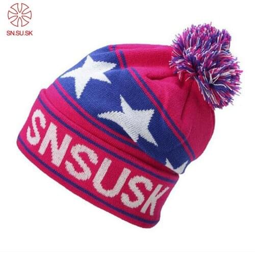 Fashion Snowboard Winter Ski Hats Warm Woolen Caps For Men Women High Quality Star Hairball Female Beanies Sports Hat