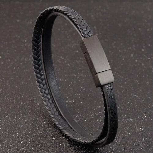 LAMEMDEE Multi-layer Stainless Steel Charm Magnetic Black Men Bracelet Leather Genuine Braided Punk Rock Bangles Jewelry Gift