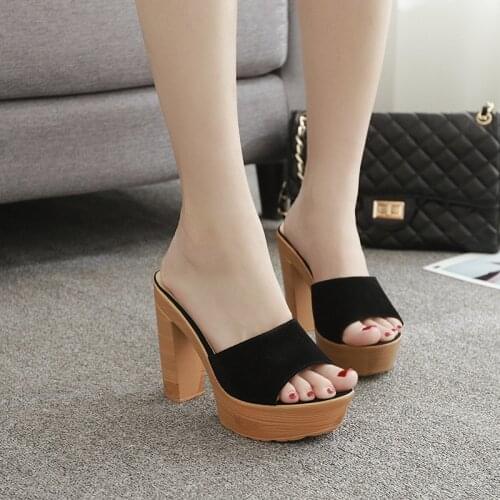 Sexy platform wood heels slippers femme suede open toe modis beach flip flops summer leisure high heels slides ladies shoes