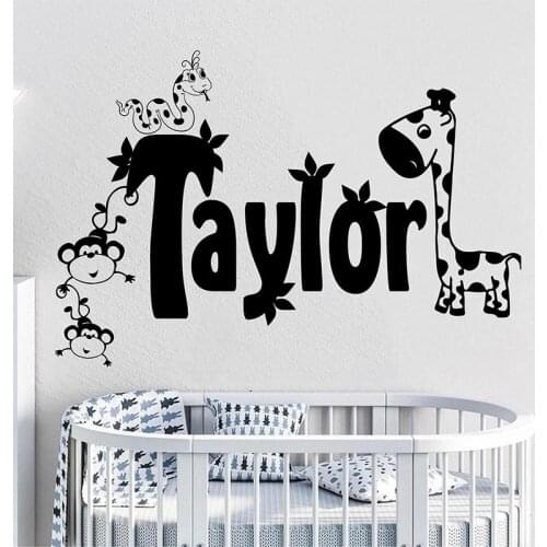 Custom Name Giraffe Monkey Animal Wall Sticker Kids Room Bedroom Personalized Jungle Safari Branch Wall Decal Playroom Vinyl