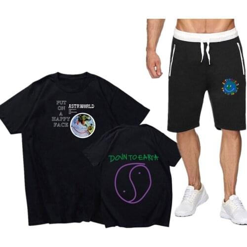 Travis Scott fashion 2PC Set Men Short Sleeve T Shirts Tops+Shorts printing hip-hop T-shirt suits man Sportswear Tracksuit