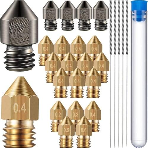 25Pcs MK8 3D Printer Extruder Nozzle Hardened Steel + Brass MK8 0.2/0.3/0.4/0.5/0.6 mm + Cleaning Needle for Makerbot Ender 3