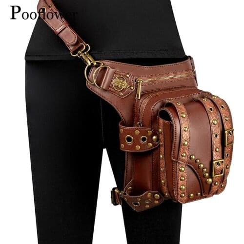 Pooflower Punk Style Rock Chains Belt Leg Bag Men Waist Bag PU Leather Waterproof Running Bag Women Crossbody Bag Backpack ZH093