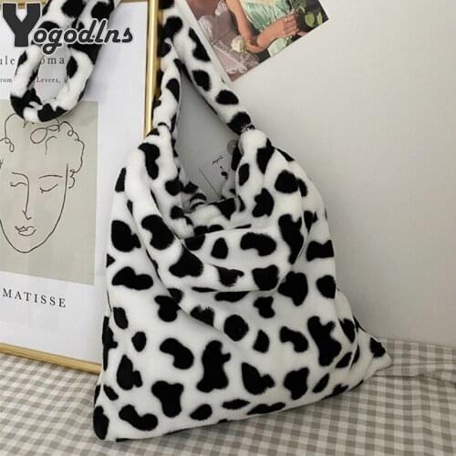 Milk Cow Print Messenger Bag Womens Fashion 2021 Big Capacity Single Shoulder Bag Soft Plush Handbag Female Crossbody Tote Bags