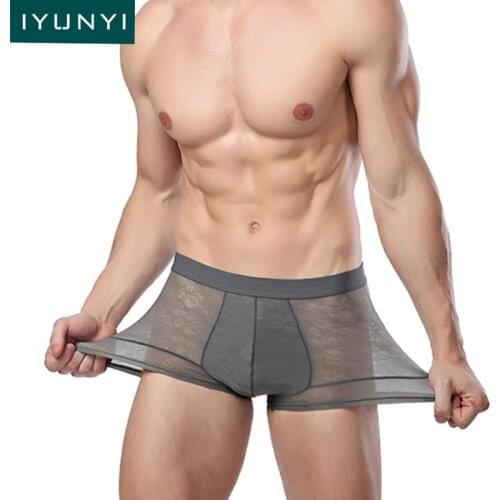 IYUNYI Men Underwear Boxers Shorts Ice Silk Transparent Breathable Underpants U Convex Pouch Sexy Bikini Male Panties Shorts