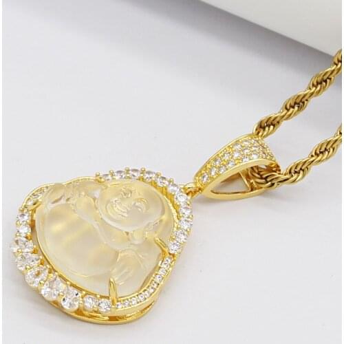Hip Hop Stainless Steel Jewelry Gold Color Buddha Necklace Jades Chalcedony Stone Maitreya Pendant Crystal Necklace Women Men
